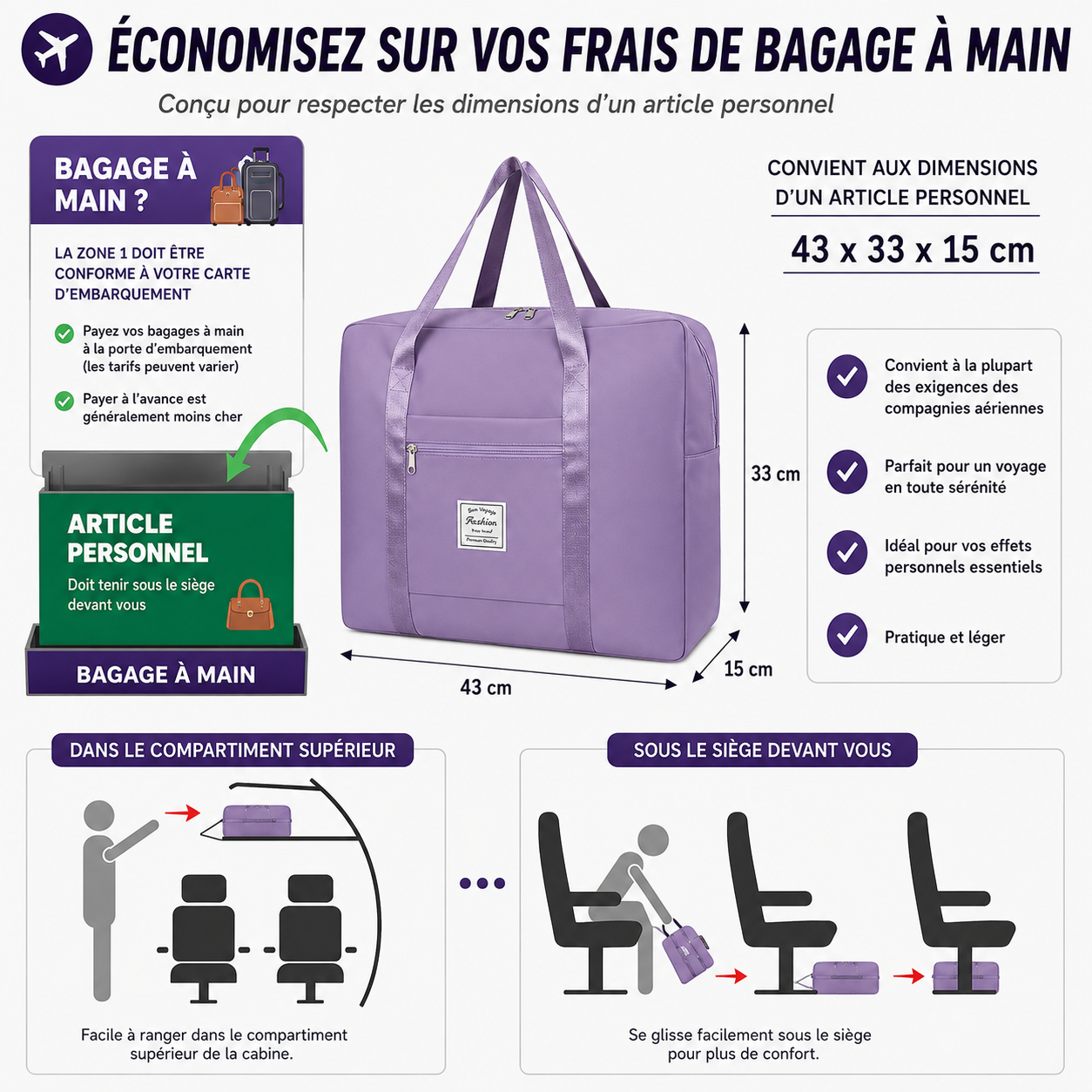 ✈️👜 Sac Départ Facile 43 x 33 x 15 cm 👜✈️